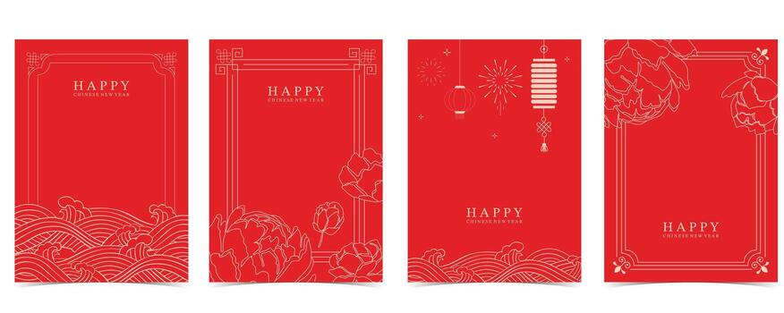 Chinese new year on red background with line peony,lantern and minimal line frame vector