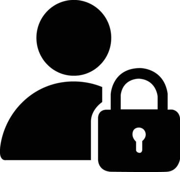 Minimal flat icon of a user silhouette paired with a lock symbol, representing secure login, privacy, and protected account access. vector