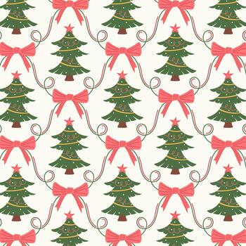 Pattern with a stylized Christmas tree and a pink bow in a vintage frame. A festive background for wrapping paper or fabric designs. vector