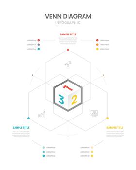 Venn diagram business infographic geometric line chart template 3 steps strategy, presentation with icon illustration. vector