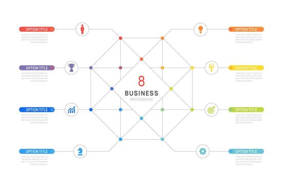 Venn diagram business infographic geometric line chart template 8 steps strategy, presentation with icon illustration. vector