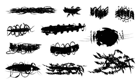 Abstract Black Grunge Brush Strokes Collection. Distressed Ink Marks, Rough Scribbled Lines, and Creative Hand-Drawn Artistic Elements vector