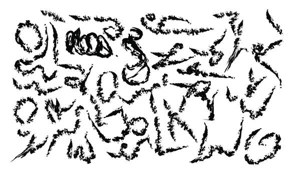 Abstract Black Textured Brush Strokes Collection. Grunge Ink Marks, Charcoal Scribbles, and Rough Hand-Drawn Artistic Elements Set vector