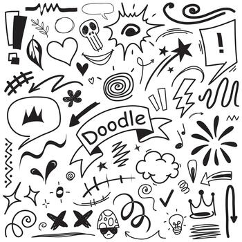 Sketch line elements set. Abstract nature elements decoration graphic icon set. Graffiti sketch of stars, bubble speech, hearts hand-drawn line elements for brushes, abstract decoration design. vector