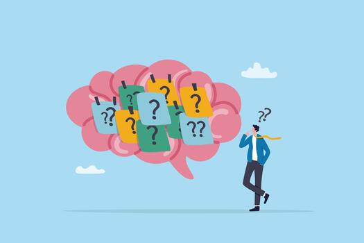 Person thinking with question marks overview vector