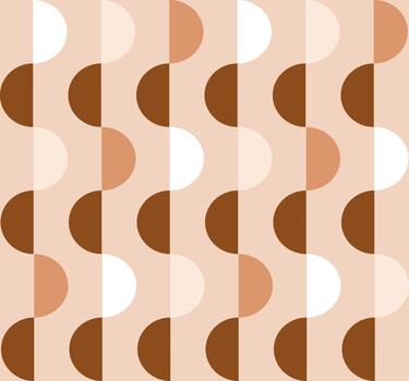 Retro geometric pattern with a wavy design using semi circles and vertical lines, consists of warm, earthy tones, various shades of orange, brown, and a light, muted pink or cream background. vector