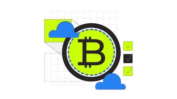Cryptocurrency 2D onboarding ui animation. Cloud mining. Crypto validation. Bitcoin check marks. Financial tech. Virtual currency animated cartoon flat concept, app intro 4K isolated on white video