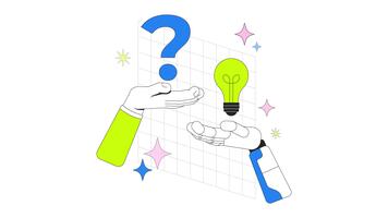 ai ricerca 2d onboarding ui animazione. artificiale intelligenza risoluzione dei problemi. umano con domanda, robotica mano con lampadina soluzione animato cartone animato piatto concetto, App intro 4k isolato video