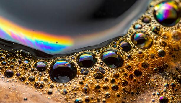 Close-up view of dark coffee surface with bubbles reflecting colorful light, creating an abstract pattern photo