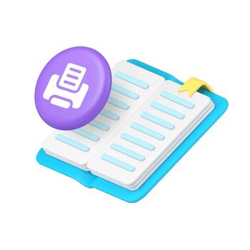 3d Realistic Icon Open Book With Bookmark And Printer Symbol For Document Printing vector