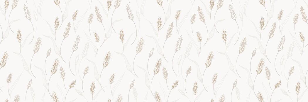 Seamless pattern with soft beige botanical spikes and airy linear leaves on a light cream background, creating a calm, elegant and natural design for modern decor and textiles vector