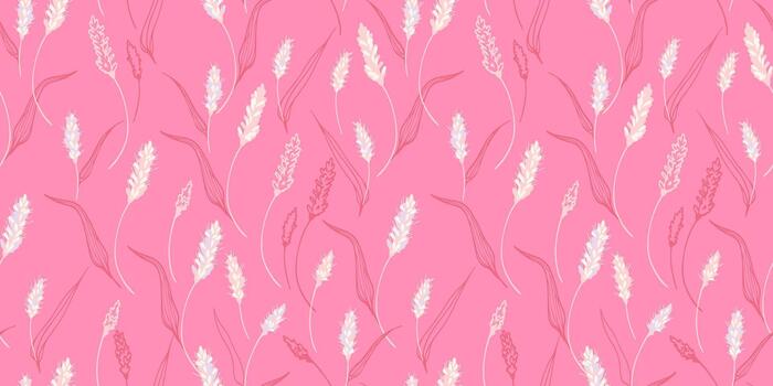 Seamless pattern with soft pastel wheat like floral stems and flowing linear leaves on a bright pink background, creating a lively, feminine and elegant botanical design vector