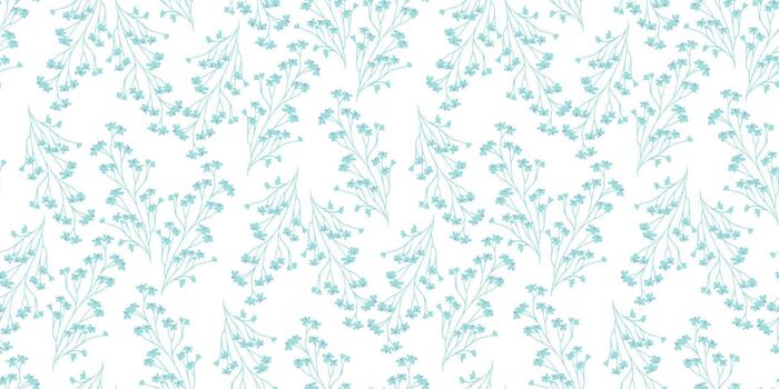 Seamless pattern with delicate hand-drawn floral branches. Light turquoise line art and tiny blossoms create an airy, elegant botanical background for textiles and decor vector