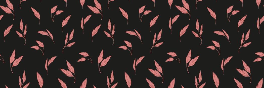Seamless pattern with hand drawn muted pink leafy branches on a deep black background, creating a bold yet elegant botanical design for textiles, packaging and decor vector