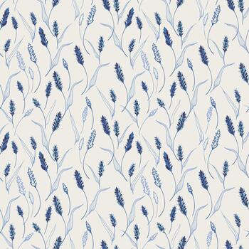 Seamless pattern with elegant blue botanical spikes and flowing linear leaves on a light cream background, creating a refined natural design for textiles and decor vector