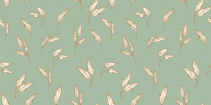 Seamless pattern featuring hand-drawn beige leafy branches outlined in warm brown on a muted sage green background, creating a soft, elegant and natural botanical design vector