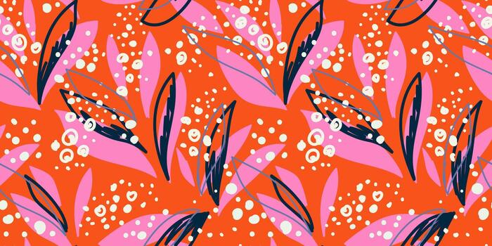 Seamless floral pattern with pink and navy abstract leaves and white dots on a bright orange background. Bold modern botanical design for fabric, wrapping, and decor vector