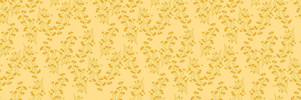Seamless pattern with delicate golden floral branches and tiny blossoms on a soft yellow background, creating a warm, elegant and natural botanical design for textiles and decor vector