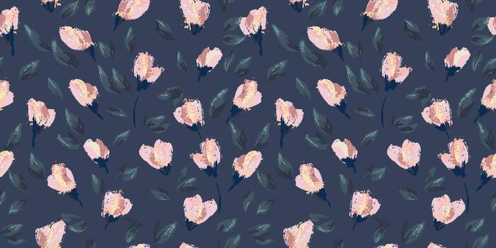 Seamless pattern with expressive hand painted pink flower buds and textured green leaves on a deep navy background. Artistic brush strokes create a modern, elegant botanical design vector