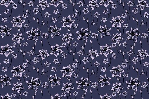 Elegant seamless floral pattern with hand drawn flowers in black and soft lavender on a deep navy background. Delicate botanical elements create a sophisticated and timeless design vector