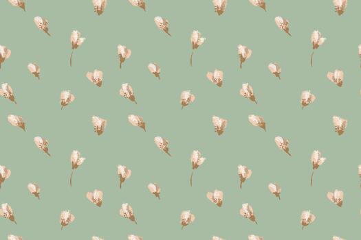 Minimal pattern with soft beige artistic buds scattered across a muted sage green background. Subtle brush textures create a calm, elegant floral design for textiles and decor vector