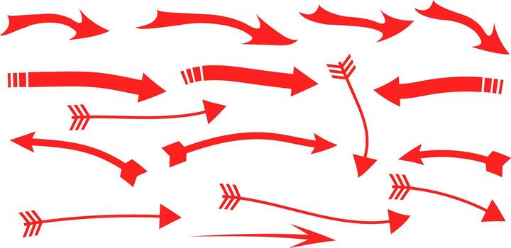 Collection of red arrows pointing in different directions on white background vector