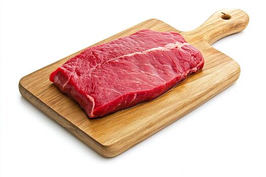 Fresh raw beef steak on wooden cutting board, clean and ready for cooking, with vibrant red color and marbled texture, ideal for grilling or roasting, placed on white background photo