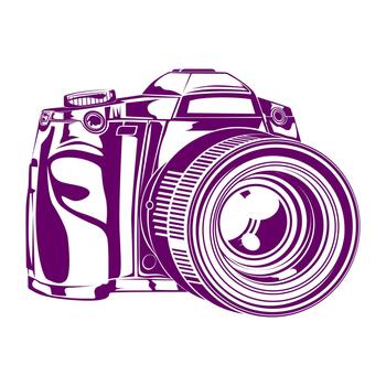 Bold silhouette of a DSLR-style camera with strong contours and detailed lens, suitable for photography projects, tech graphics, and digital media assets. vector