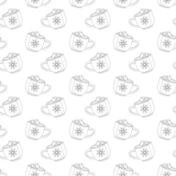Seamless winter pattern of mugs filled with hot chocolate and topped with marshmallows. Each mug features a snowflake design. Cozy festive design for seasonal wrapping or textiles vector
