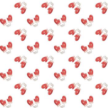 Seamless winter pattern of red mittens with white snowflake designs and cuffs, connected by string. Diagonal layout on white background. Cozy festive design for seasonal wrapping, textiles, or greeting cards vector