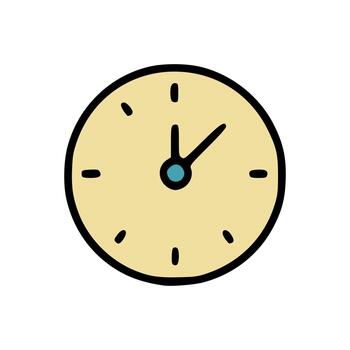 Simple round clock icon with hour and minute hands, beige background, black tick marks, flat cartoon-style design vector