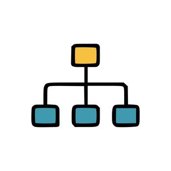 Organizational chart concept icon with four square blocks connected by black lines in cartoon style vector