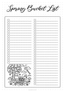 Spring Bucket list Bullet Journal Printable Planner Page Template, Illustration, A4 and A5 Sizes, Hand Drawn Doodle Style. Planner pages bullet journal A5 A4 format vector