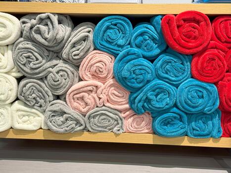 Rolled Towels in Multicolor Rows, Shelf Display with Soft Texture Harmony photo