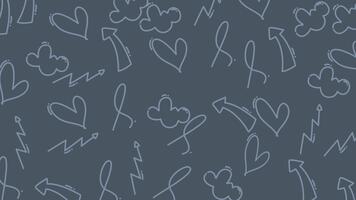 Abstract pattern featuring playful doodles of clouds, arrows, hearts, and lightning on a dark background video