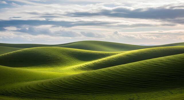 A green field with many hills and clouds photo