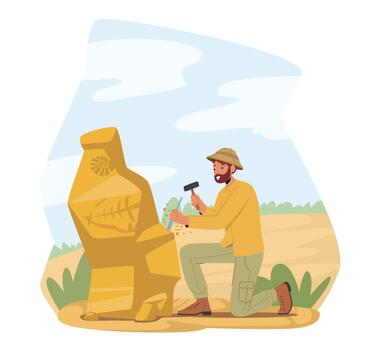 Archeologist Explore Ancient Geoglyphs and Paintings on Piece of Rock, Scientist Work on Excavations Exploring Artifacts vector