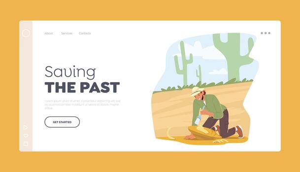 paleontología aterrizaje página modelo. arqueólogo explorar y estudiando dinosaurios fósil esqueleto huesos, científico trabajando vector