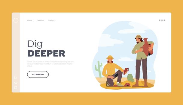 People Studying History Landing Page Template. Archeologists Exploring Artifacts and Crockery Jugs at Ancient Settlement vector