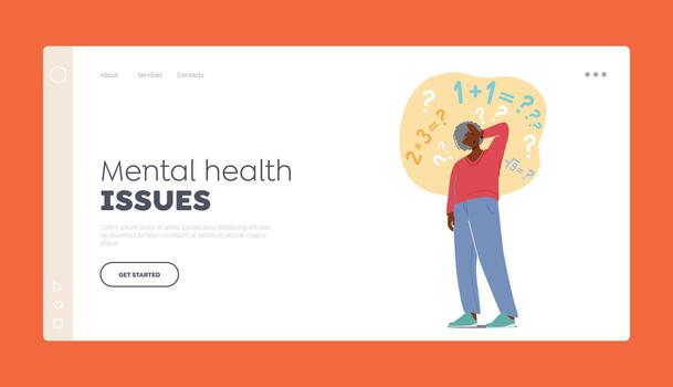 Mental Health Issues Landing Page Template. Forgetful Pensioner Character Trying to Remember Simple Mathematical Example vector