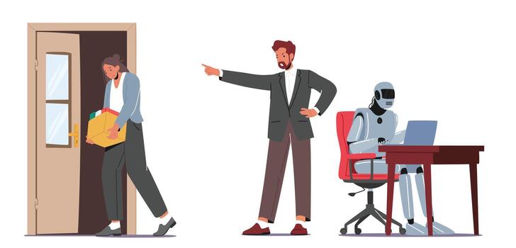 despedido empleado personaje salir oficina con caja. jefe descartar obrero, artificial inteligencia robot máquina reemplazar humano vector