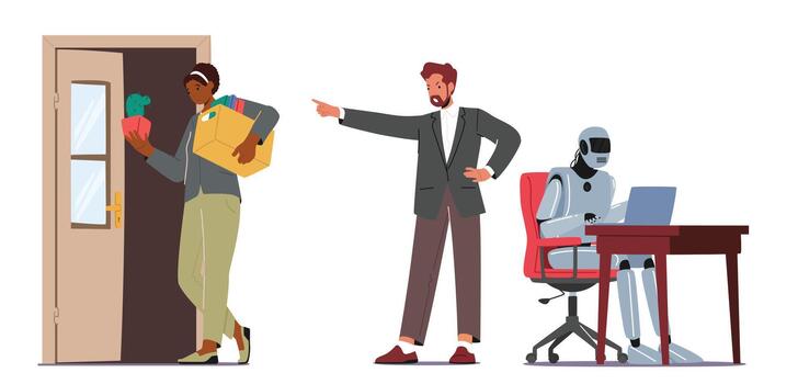 Cyborg Replace People at Job. Robotics Industry, Artificial Intelligence Concept. Robot Replace Employee at Work vector