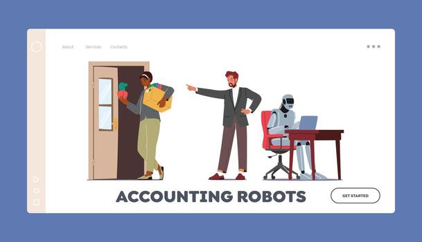 Accounting Robots Landing Page Template. Cyborg Replace People at Job. Robotic Industry, Artificial Intelligence Concept vector
