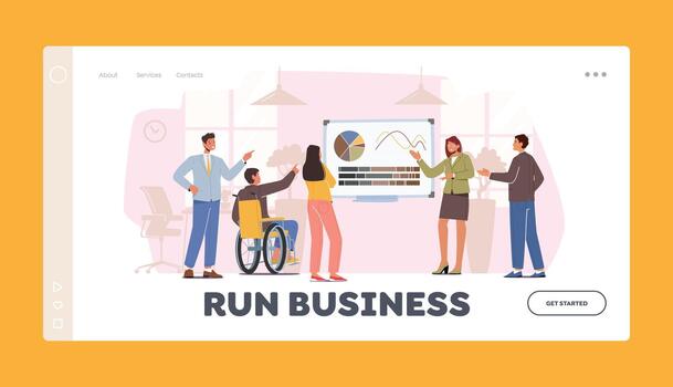 negocio presentación aterrizaje página modelo. equipo de sano y discapacitado caracteres reloj financiero reporte de entrenador vector