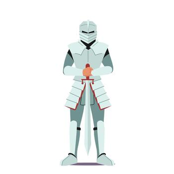 Medieval Knight Wear Armor and Helmet Hold Sword in Hands. Royal Defender, Crusader, Ancient Soldier, Historical Fighter vector