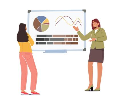 Business Woman on Presentation with Couch Character Conduct on Training or Seminar in Office, Trainer at Board with Data vector