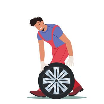 Vehicle Fix in Garage Workshop. Mechanic Dressed in Red Overalls Rolling Car Wheel Isolated on White Background vector