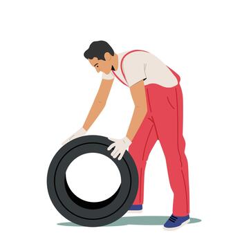Man in Red Uniform Holding Tire for Mount or Change. Service Station Staff, Auto Mechanic Character, Diagnostics vector