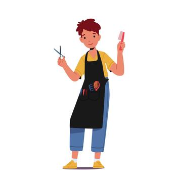 Boy Playing in Stylist, Kid Character Wear Apron with Comb and Scissors in Hands. , What I Want to Be When Grow Up vector