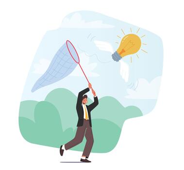Businessman Chasing Flying Light Bulb Trying to Catch it with Butterfly Net. Business Man Searching Inspiration, Idea vector